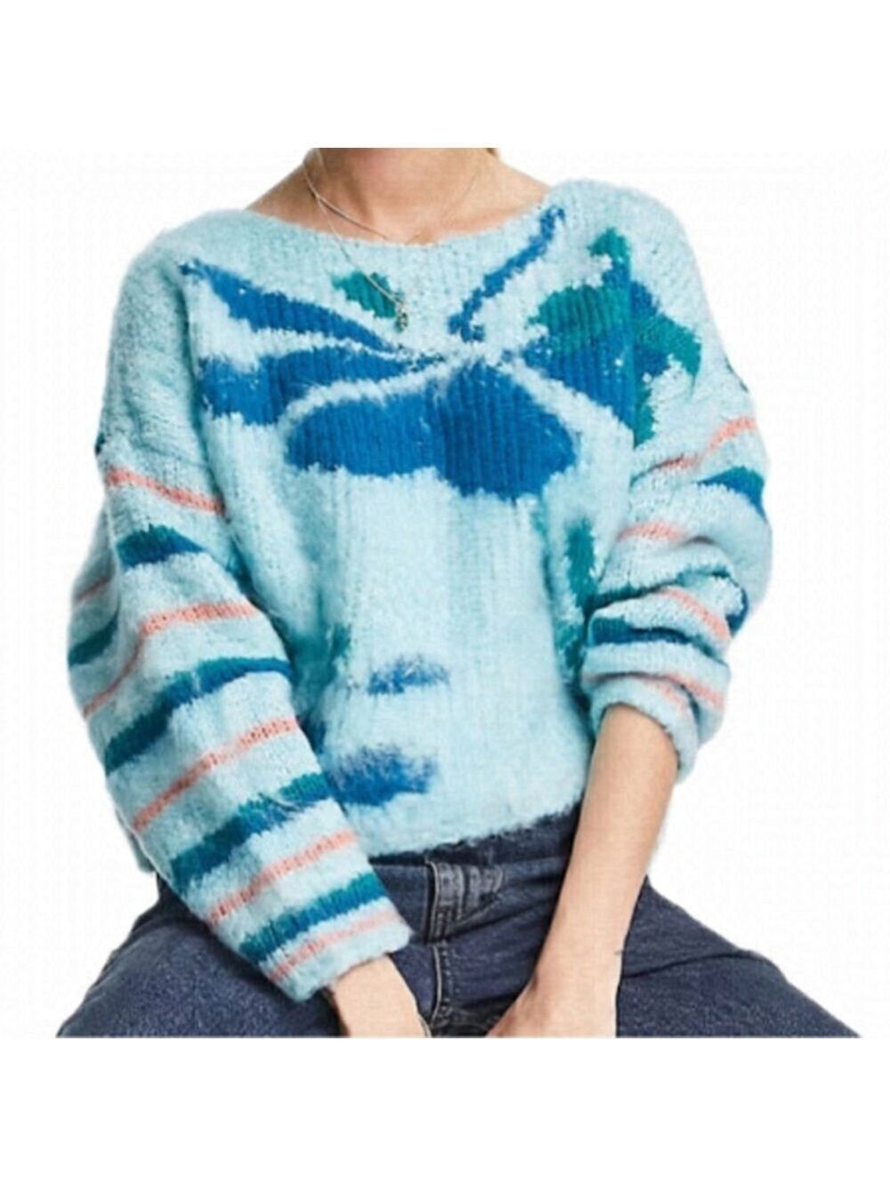 NWT Free People Lily Mixed Print Cropped Sweater, Sky Blue, Size XS